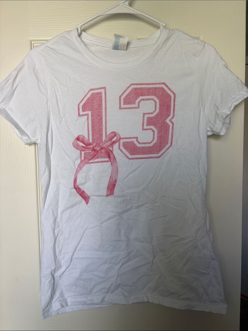 White Tee with Pink '13' Bow Graphic